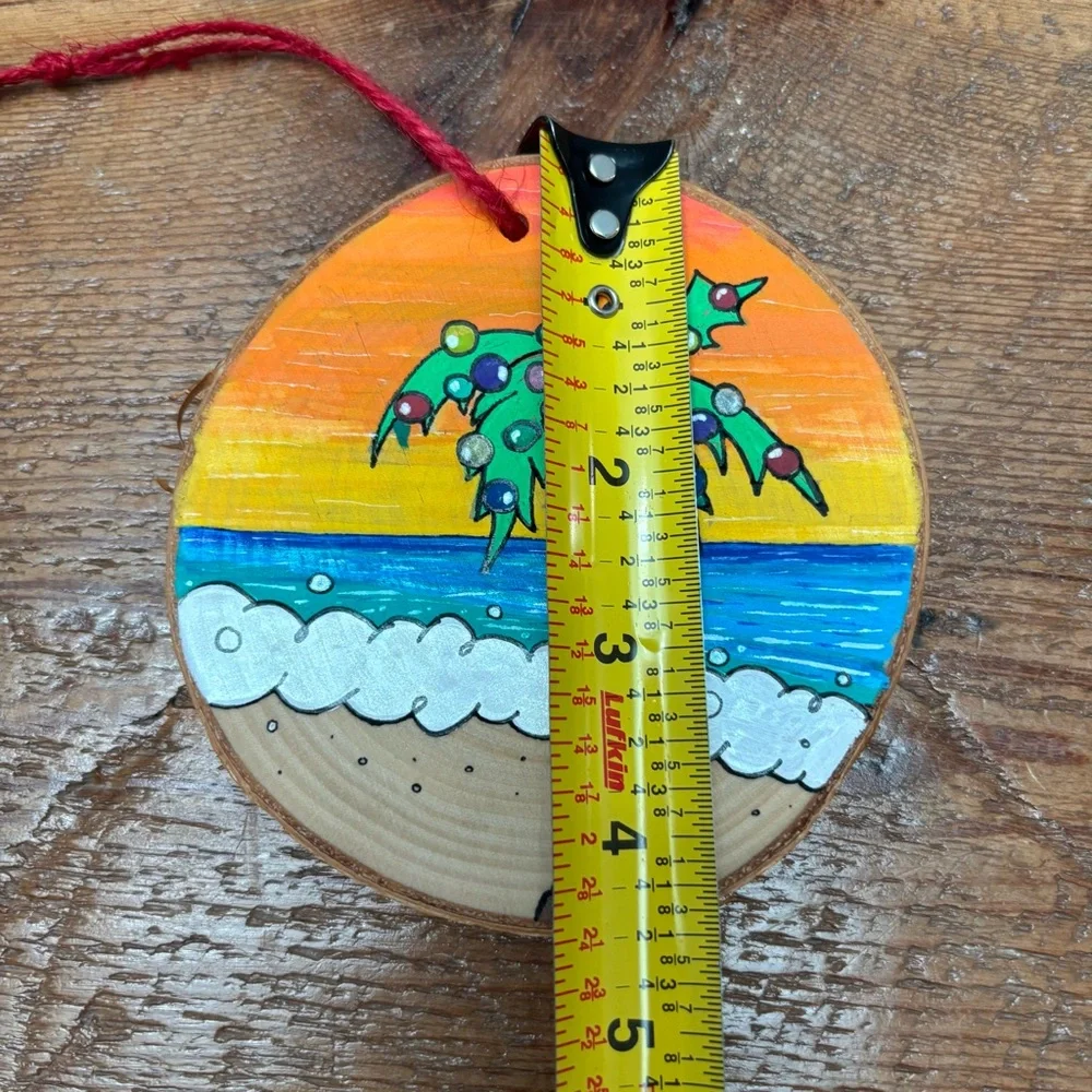 Hand Painted Tropical Palm Tree Beach Wooden Ornament - Orange and Blue